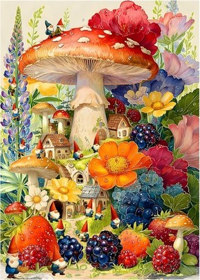 Gnome Mushroom Puzzles for Adults 1000 Pieces, Colorful Magical Floral Garden Vi