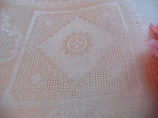 ANCIENNE NAPPE DAMASSE PUR LIN BEIGE OURLETS A RÉALISER 240X160 - Photo 2/4