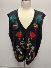 Vtg Bobbie Brooks Christmas Sweater Vest -Ornaments-Beaded-Embroidered 26W/28W