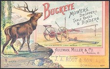 BUCKEYE MOWERS TRADE CARD~ELK~NEW HORSE DRAWN LIGHT MOWER~AULTMAN MILLER~FARMING