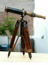 Nautical Antique Brass Spyglass Telescope with Wooden Tripod Marine Scope Decor