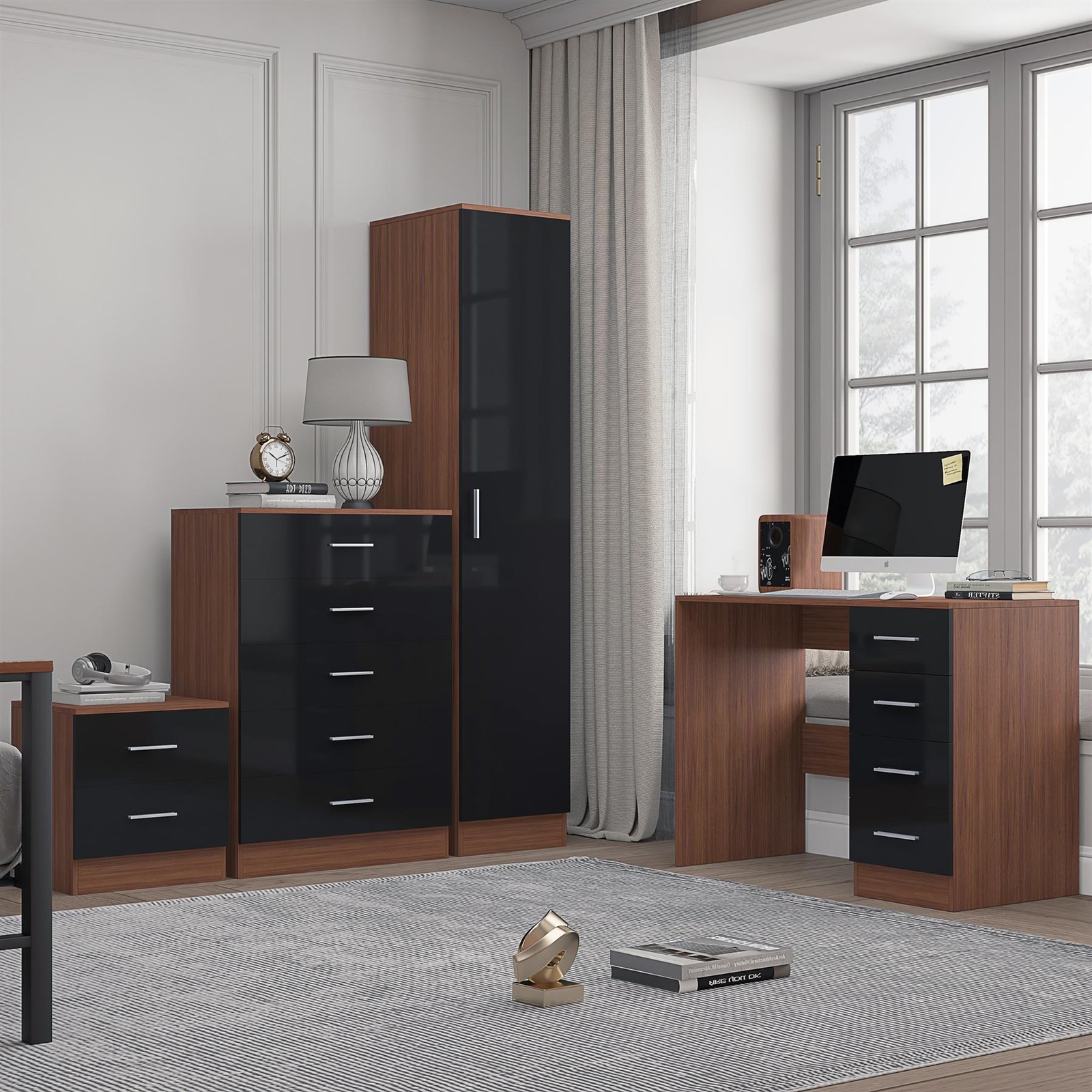 B&Q - 1 Door Plain Wardrobe5 Drawer Chest2 Drawer Bedside & DeskBlack Gloss & WalnutBedroom Furniture Set - Image 3