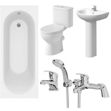Bathroom Suite 1600mm White Curved Bath Toilet WC Basin Sink Tap Shower Mixer
