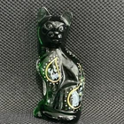 Fenton Glass Cat Green Paisley Floral Hand Painted Pam Fleak Signed Figurine