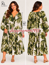 H&M Womens Plus XL Green/White Floral Leaf Print Ruffle Tiered V-Neck Midi