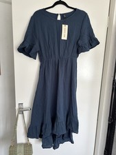 Shein Blue Short Frilly Sleeve High-Low Hem Round Neck 100% Cotton Dress Size 10