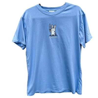 Huzzah Bunny Graphic Tee Mens Medium Blue Embroidered Renaissance Faire Medieval