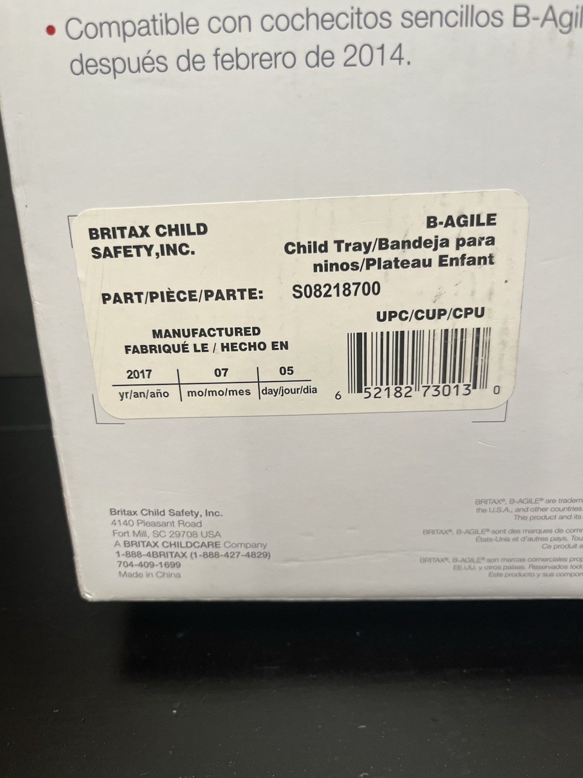 Britax B-Agile Child Snack Tray Black Single Stroller S08218700 New in Open Box