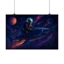 New Horizontal Poster Skeleton Astronaut Rides Cosmic Shark