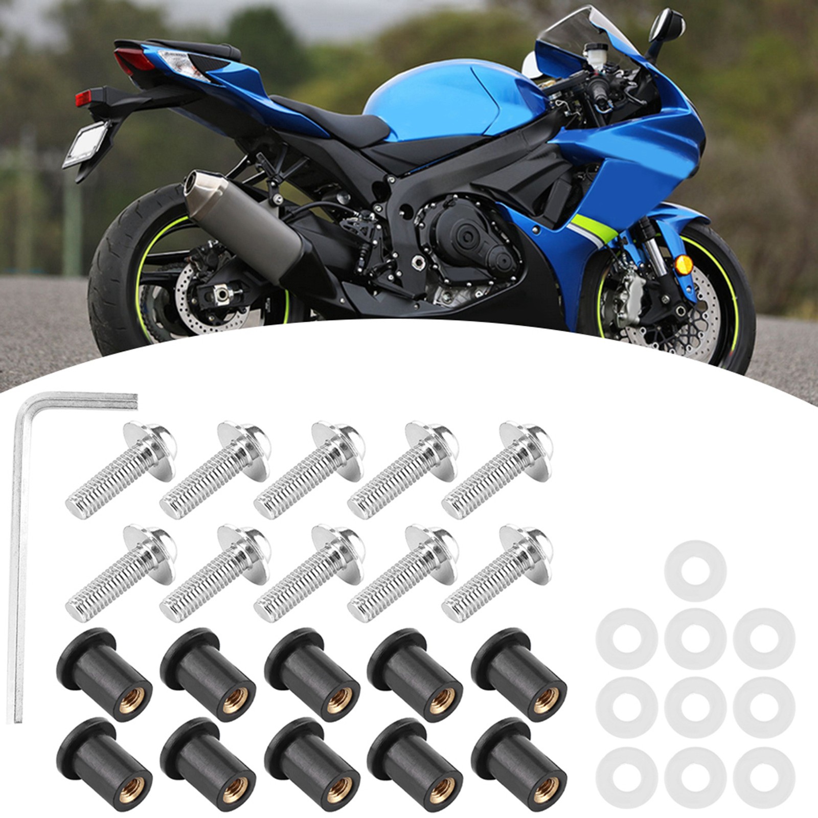 Silver 10pcs Motorcycle Windshield Nut Washers Motorbike Fairing Mounting