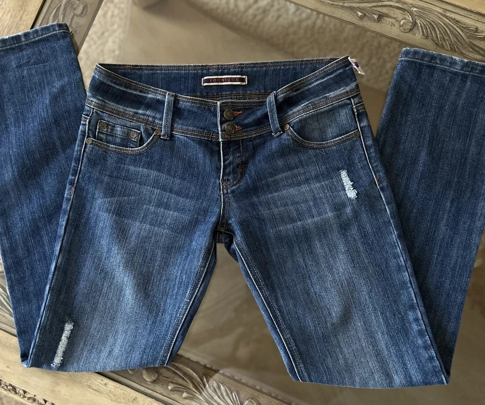 Pantalones de mezclilla Younique vintage para mujer talla 5 Y2K tiro bajo desgastados corte bota EC + GRATIS 🎁 Foto 4 de 4