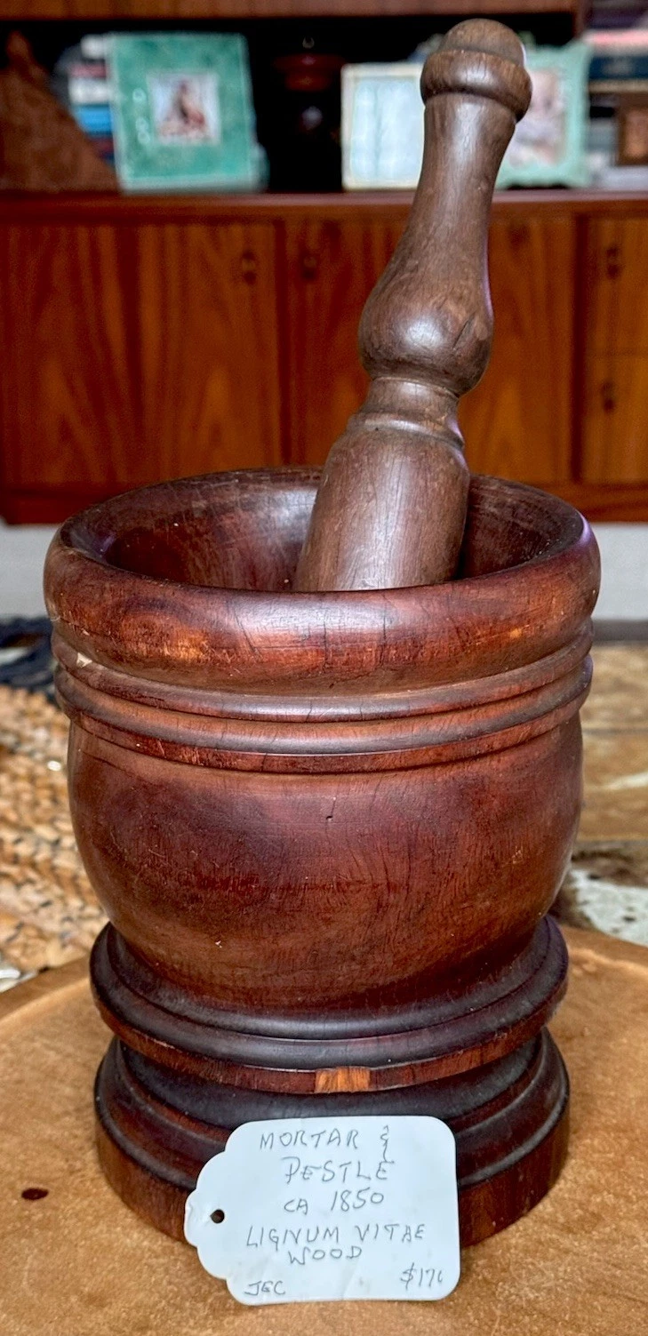 Antique 7”H Lignum Vitae Wood ( TREE OF LIFE) Mortar Pestle Hand Turned c 1850