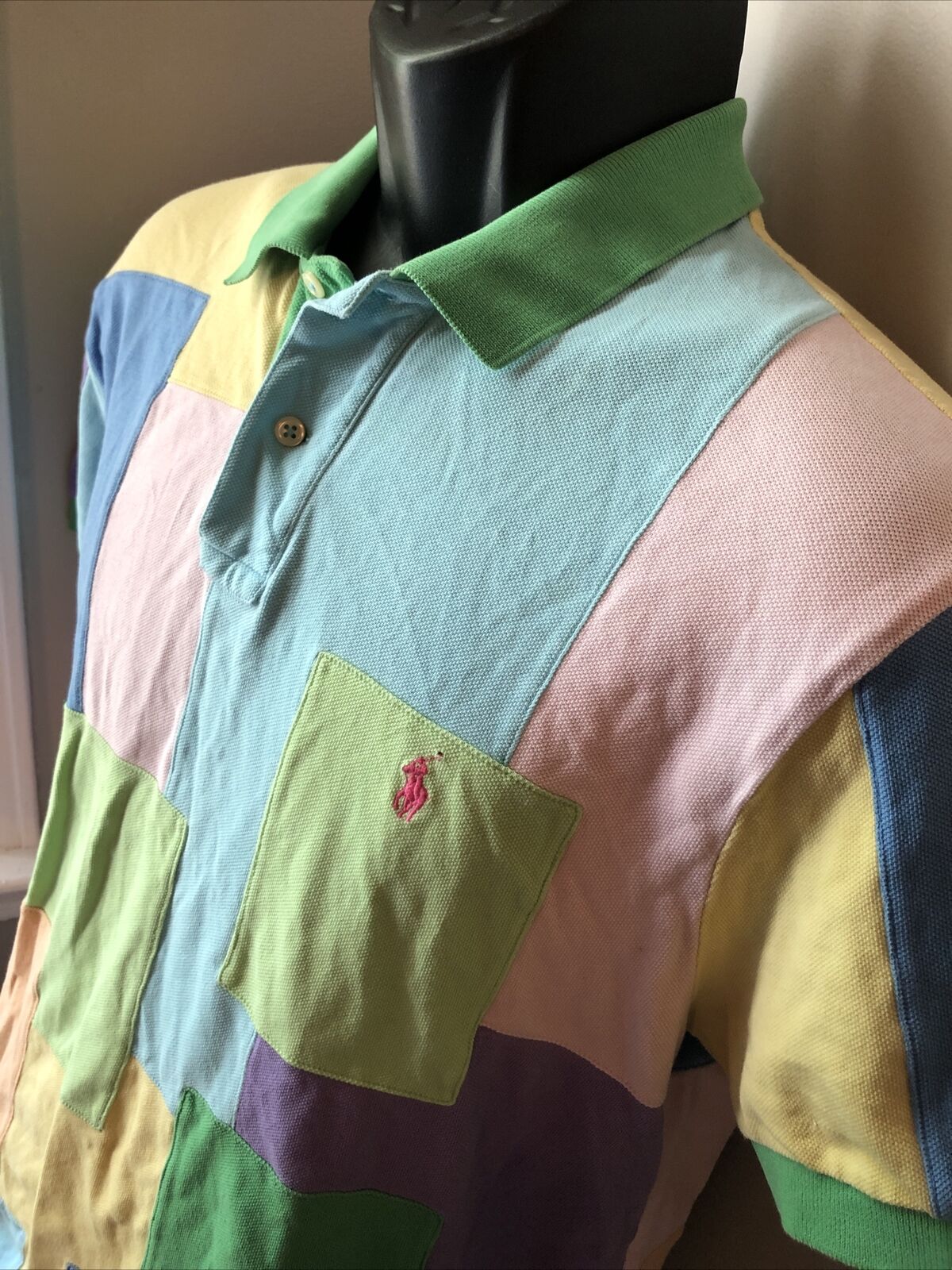 Polo Ralph Lauren Polo Shirt Large Pastel Color Block Patchwork Short Sleeve
