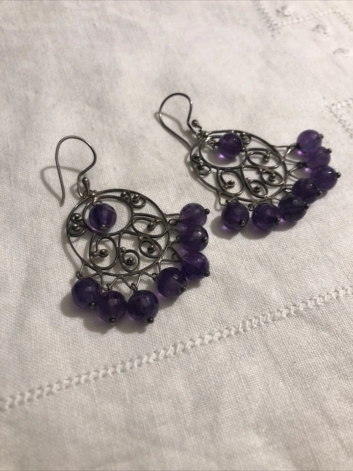 Orecchini Metallo Argentato E Simil Ametista - Immagine 2 di 4