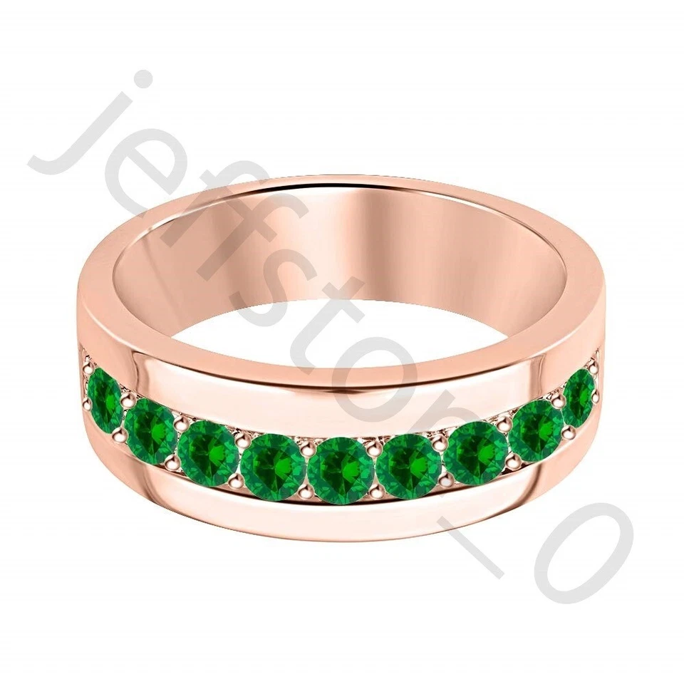 Anillo de boda para hombre de oro rosa de 14 quilates con esmeralda creada en laboratorio de 0,45 quilates Foto 2 de 4