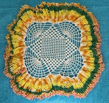 Square Hand Crochet Multi Color Full Ruffle Trim Diamond Center Doilies 19"
