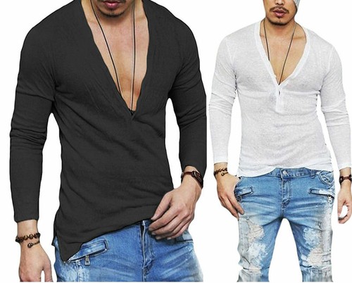 Camisa Camiseta para Hombre Manga Larga Casual de Moda 2021 cuello en V  Sexy | eBay