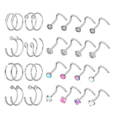 32pcs Opal CZ Screw Studs Surgical Steel Nose Hoop Rings Piercing Jewelry 20G