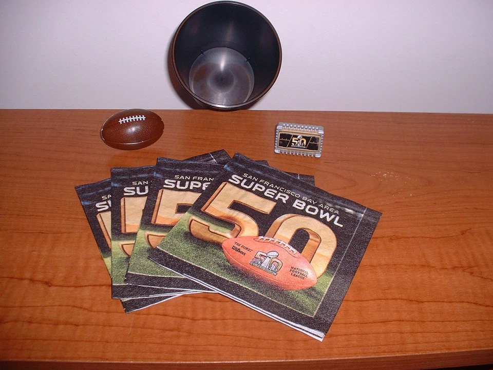 NOS SUPER BOWL 50 DENVER BRONCOS BALTIMORE RAVENS CUP RINGS GUARDANAPOS NFL LICENCIADO - Imagem 2 de 4