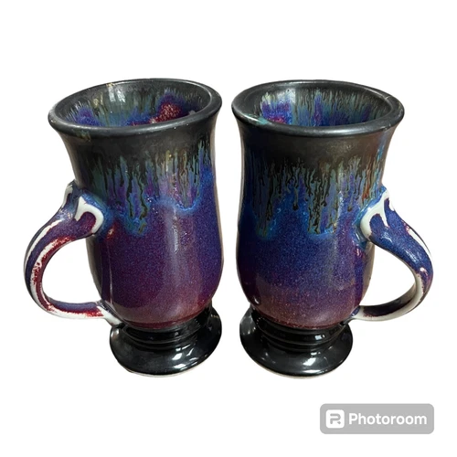 Signed Pair Edgecomb Pottery Art Crystallized Purple Glazed Tall Coffee Mug