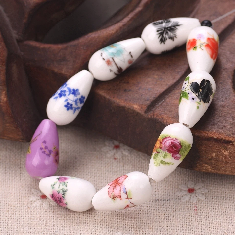 10pcs Flower Patterns 10x20mm Teardrop Shape Ceramic Porcelain Loose Beads Lot - Image 2 of 3