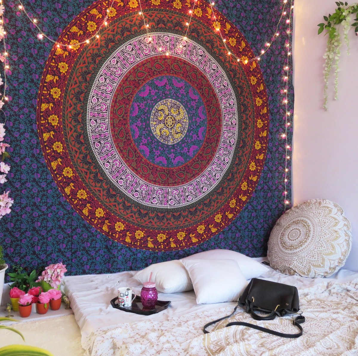 Popular Handicrafts Wandtapijt, hippie-mandala, bohemian, hippie, psychedelisch design, Indiaas, magische wandtapijten, sprei, 215 x 230 cm, rood/geel