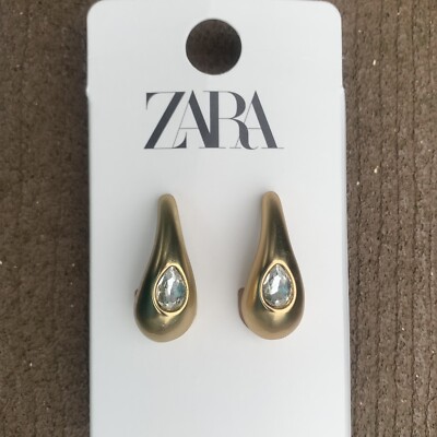 ZARA Woman NEW Gold Metal Large 1.75'' Teardrop Crystal Rhinestone Earrings