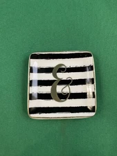 Black White Gold Striped "E” Small Tidbit Trinket Dish Plate Square SUPER CUTE