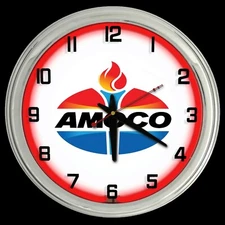 16" AMOCO Oil New Logo Sign Red Neon Wall Clock Garage Man Cave