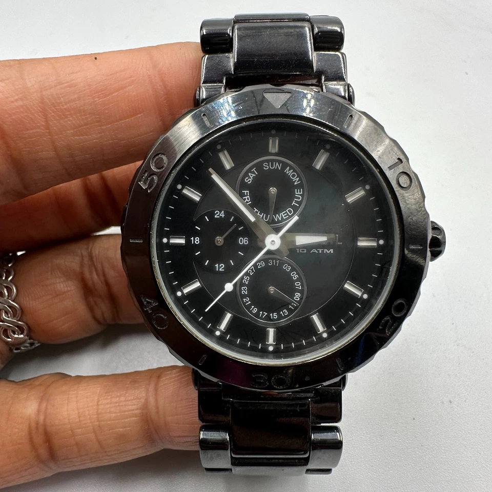 Fossil Riley 手表女式黑色 Day Date 38 毫米表盘陶瓷表带全新电池 6.25 — 第 2/4 张图片