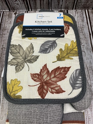 7Pc Kitchen Towel Set Fall Leaves Dish Cloth Pot Holder Oven Mitt - Picture 3 of 9