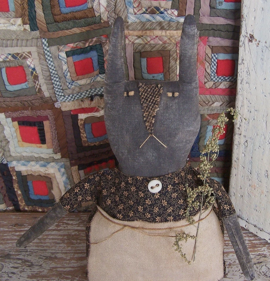 Primitive Rabbit Doll Black Dress, Grungy Rustic Bunny Decor - ARTISAN MADE - Image 2 of 4