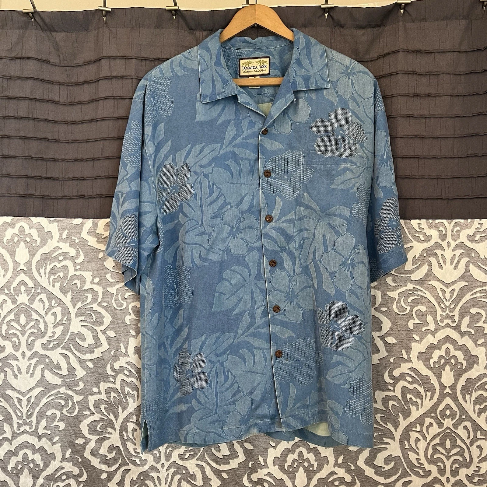Jamaica Jaxx Blue Men's Silk Hawaiian Shirt Tropical Floral Print Size Large