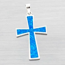 Classic Latin Cross Ocean Blue Fire Opal Silver Jewelry Necklace Pendant