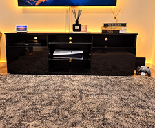 Black High Gloss TV Stand, Glass Shelves, Freestanding, 2 Door, 2 Shelf