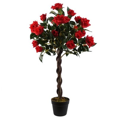 Künstlicher Rosenbaum 90cm rot Seidenblätter Blumen Kunststoff Topf gedrehter Stamm Schreibtisch