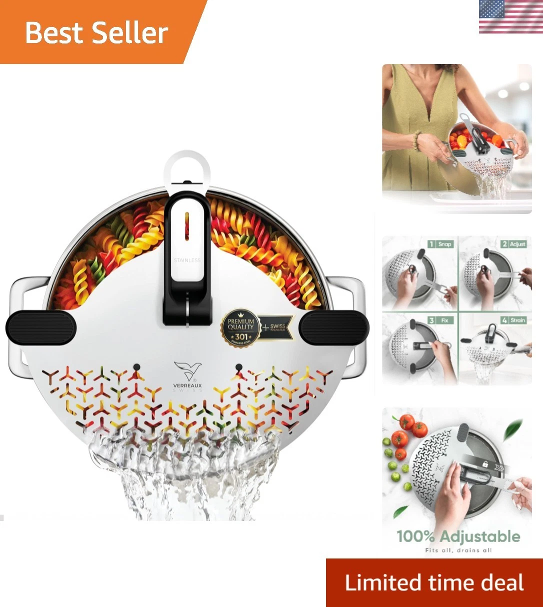Kitchen Strainer & Pot Drainer Clip-On Stainless Steel Colander for Pots & Pa...