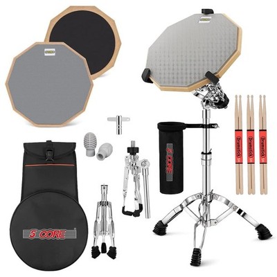 5Core Drum Practice Pad Set 12'' Snare Drumming Stand 2 Sided Silent Drummer Kit
