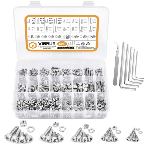 Vigrue 650 StüCk Schrauben M2–M6 Set 304 Edelstahl Mit Muttern & Beilagscheiben-image