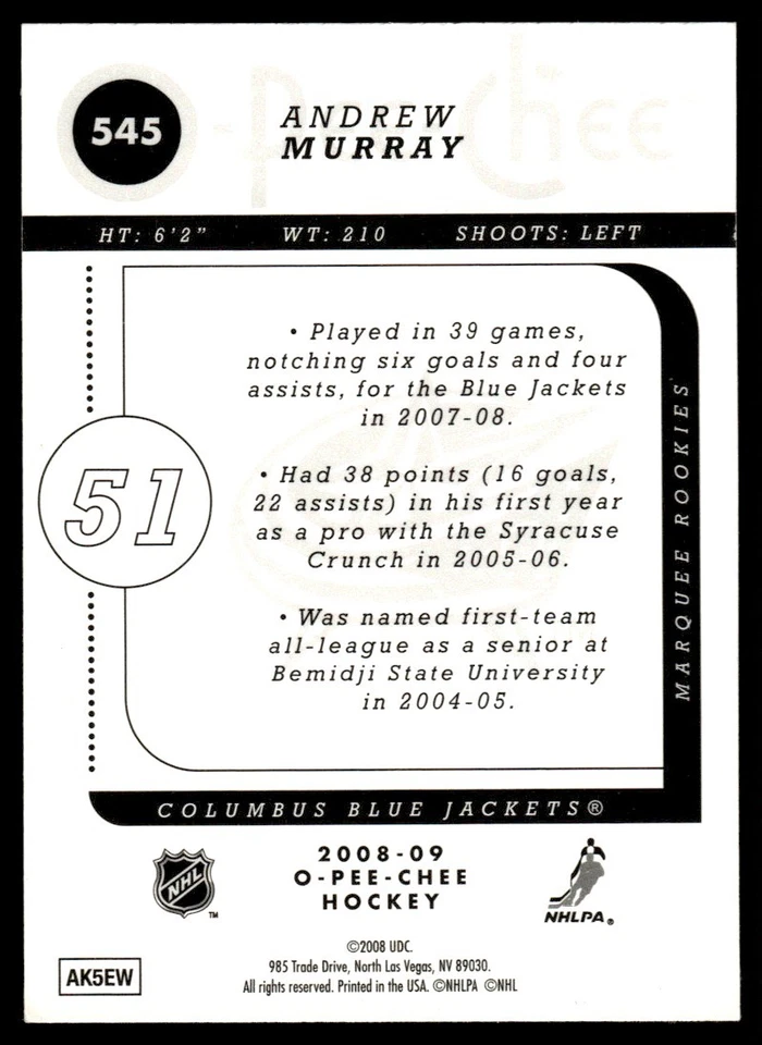 2008-09 O-Pee-Chee Gold Andrew Murray Rookie Columbus Blue Jackets #545 - Image 2 of 2