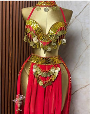 Professional red gold, Belly dance costume set handmade Oriental Dancwear