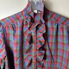 Laura Mae Blouse Womens Size 42 Plaid Ruffle High Neck Modest VTG Long Sleeve