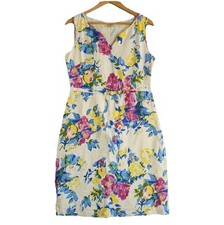 Laura Ashley Size 12 Dress Linen Floral Print Tea Fit Knee Length Bow Tie Waist