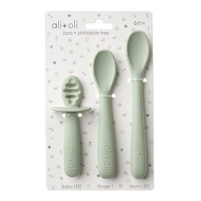 3 PCS Silicone Spoon Set Baby Unbreakable Self Feeding Utensils Pine Handles