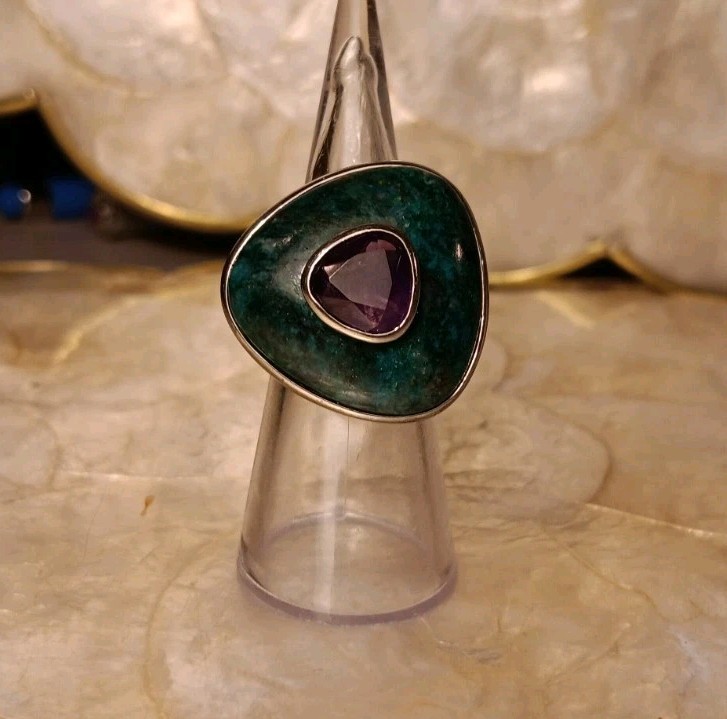 Turquoise Triangle Centered Amethyst Ring Abstrac… - image 19