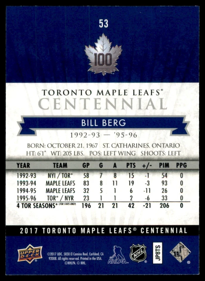 2017-18 Upper Deck Toronto Maple Leafs Centennial Bill Berg #53 - Image 2 of 2