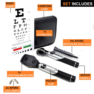 NEW Fiber Optic Otoscope Ophthalmoscope Examination LED Diagnostic ENT Set Black