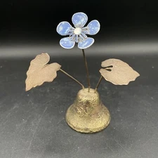 Vintage Bell - Gold Tone Textured Metal - Blue Enamel Toleware Flower