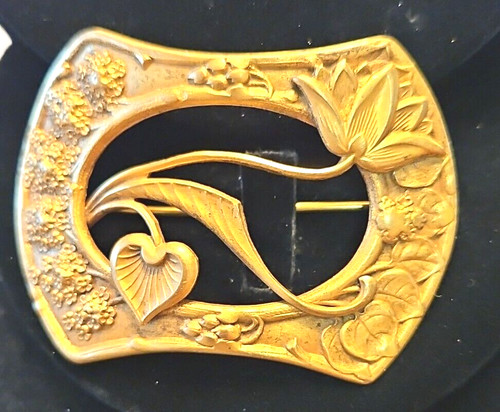 Antique Art Nouveau Sash Pin Gilded Brass? Repousse Water Lily Motif Marked