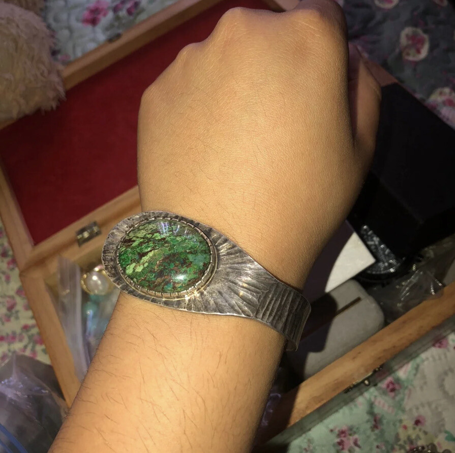 Navajo Sterling Cuff Bracelet Green Stone Gem